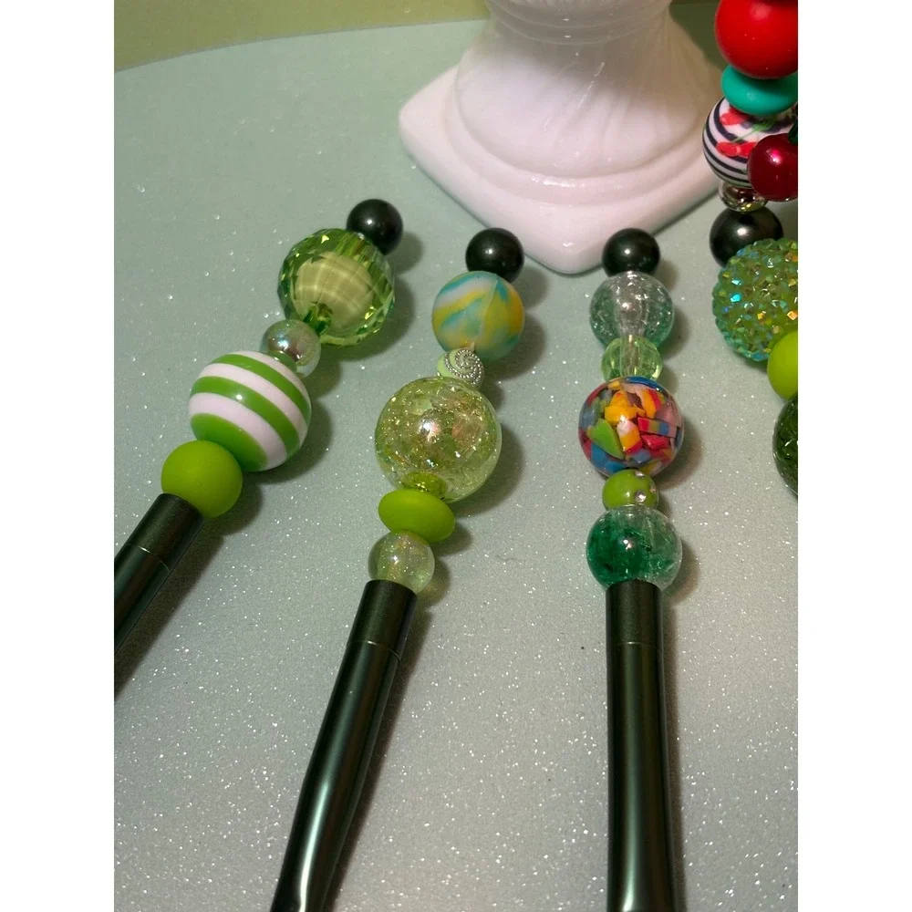 Handmade Beaded Makeup Brush Set Matching Cherry Wristlet Keychain Green Red